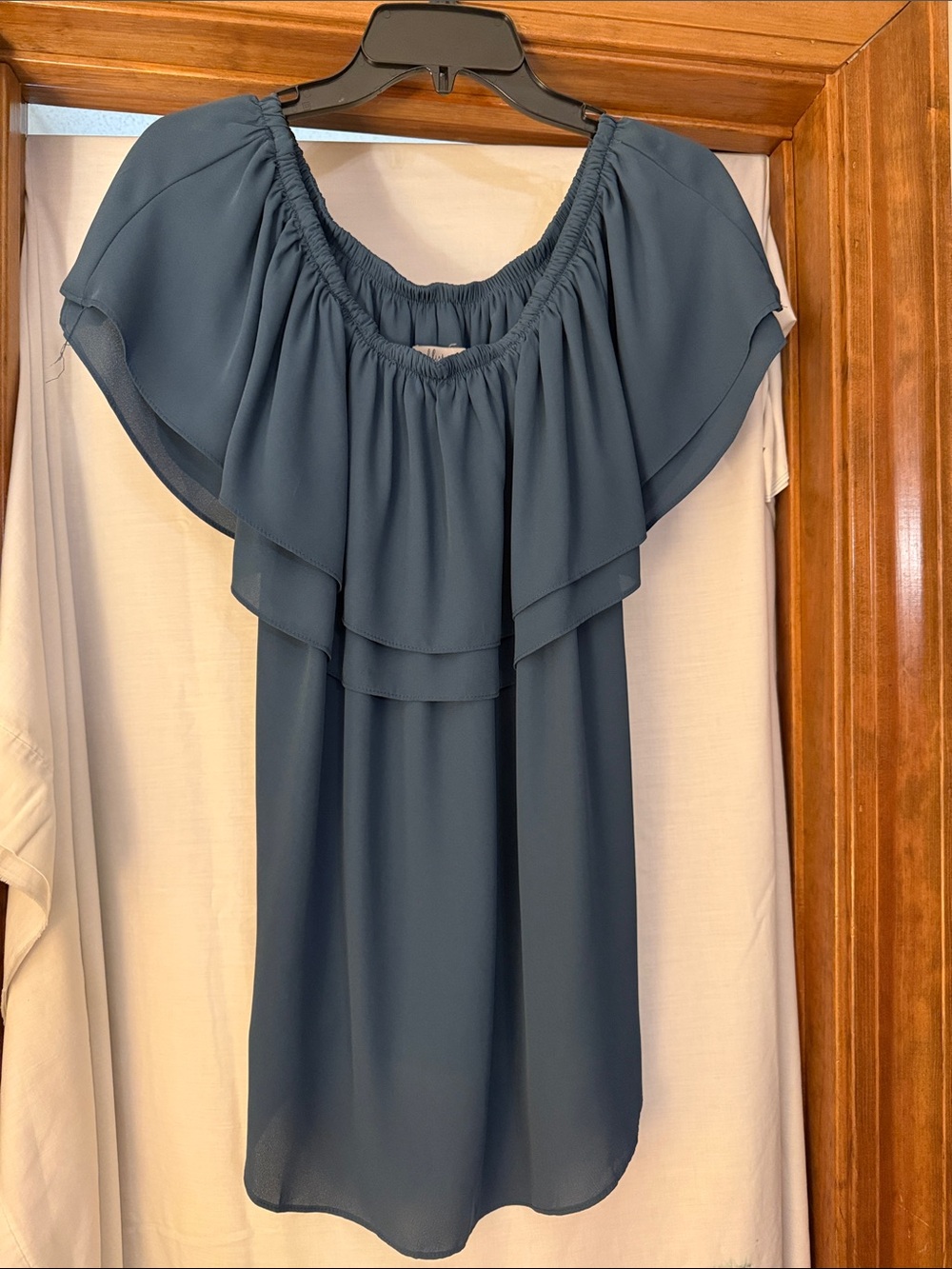 Women’s Ruffle Off-Shoulder Blouse in Slate Blue
